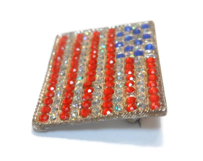 SALE American flag brooch, U.S.A. rhinestone crystal flag pin, large silver plated, United States of America, patriotic flag, 4th of July