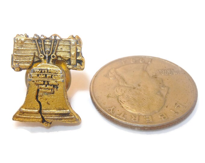 Liberty bell lapel pin, Rafaelian signed, American independence, cracked bell, Philadelphia landmark, patriotic tie tack tac, antiqued gold