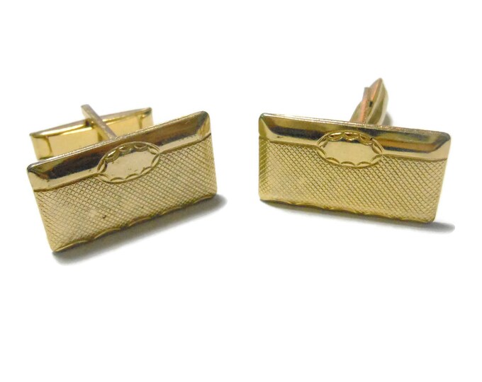 Gold cuff links, rectangle cufflinks with circle cartouche, checkerboard pattern, mid century cuffs vintage