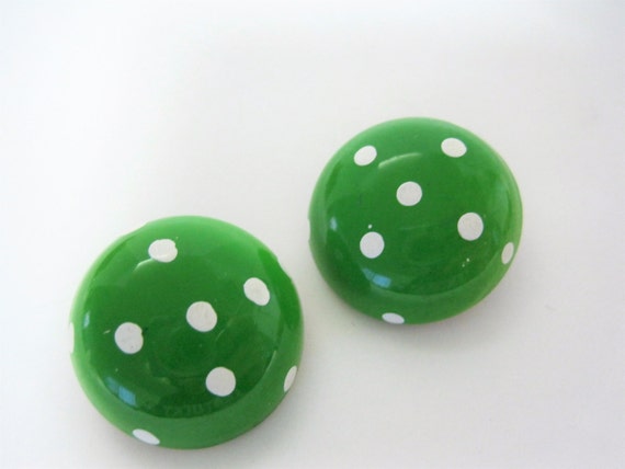 Polka Dot Earrings - Green and White - Enamel Clip Ons