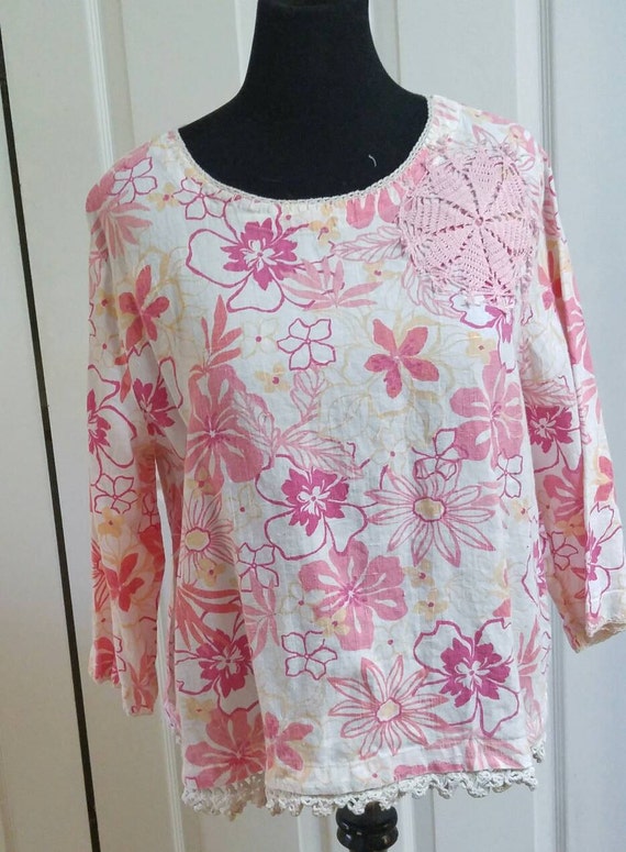 pink floral linen top upcycled refashioned plus size