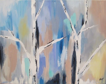 Birch trees abstract ORIGINAL 18X24 inch acrylic painting, blue, purple, green