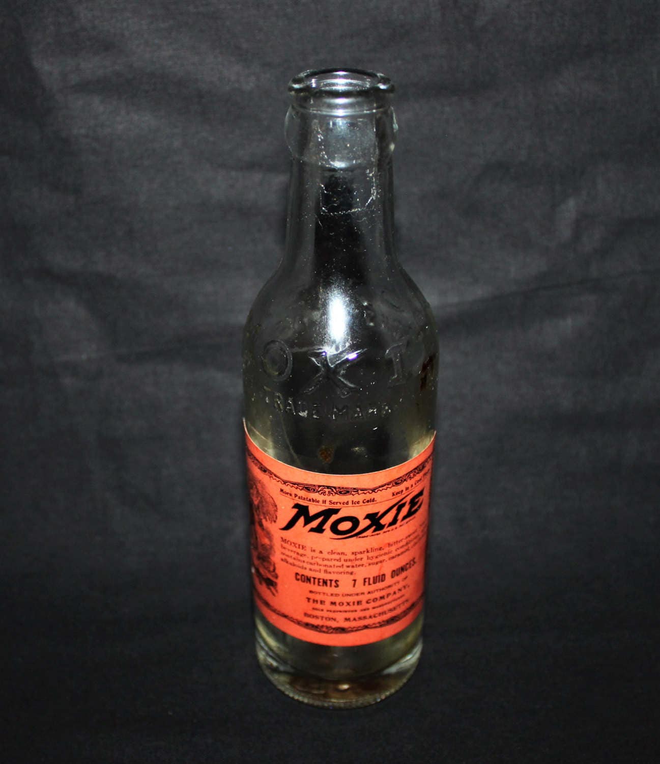 Antique 1930s Moxie Soda Bottle, Moxie Cola 7oz Bottle with Original Label