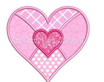Double Heart Patchwork Applique Machine Embroidery Design Valentine pink red INSTANT DOWNLOAD