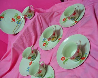 Red Poppy Floral, Coffee Tea Set, Snack Set, Brunch Patio Set, Cup and Plate, 12 Pieces, Service for 6, Fine Japan china