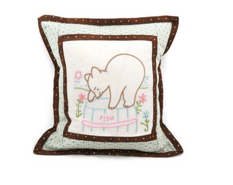Embroidered Bear Pillow - Vintage Embroidery - Vintage Quilt Block Pillow- Brown Blue Nursery Decor - Glamper Decor - Free Shipping-117