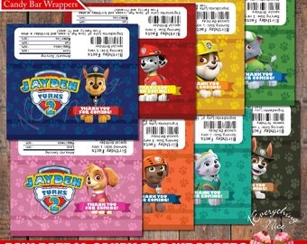 Paw Patrol Theme Birthday 1.55 oz Chocolate Candy Bar Wrappers Personalized Digital
