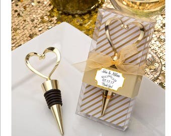 Gold Heart wine bottle stopper Favors - set of 12 bottle opener bridal shower favors with personalized tag