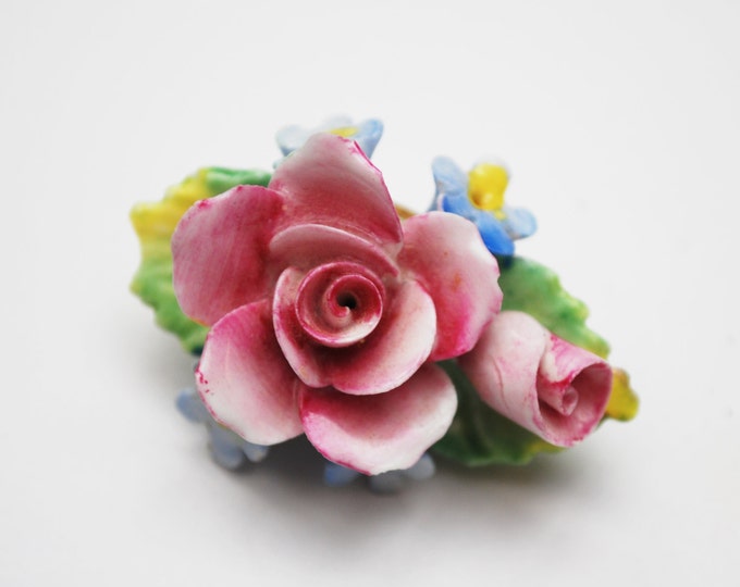 Artone Flower Brooch earring set - Bone China -Pink Blue ceramic -Made in England - Floral pin =Clip on earrings