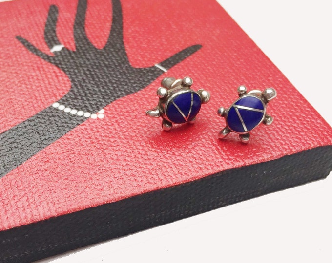 Lapis Inlay Turtle Earrings - Blue gemstone - Signed Sterling Silver - Stud earring