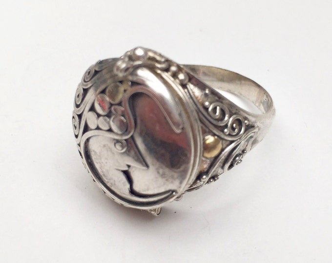 Sterling Poison Box Ring - Silver Filigree - Face Cameo - Brass - size 11- locket ring