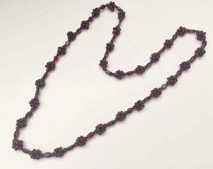 Cluster Garnet Bead necklace - Maroon Red - Pyrope gemstone - rope Woven knot beads