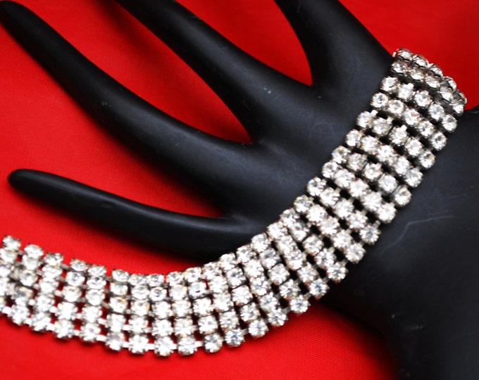 Wide Rhinestone Bracelet - Clear Crystal - bling Hollywood glamour bangle