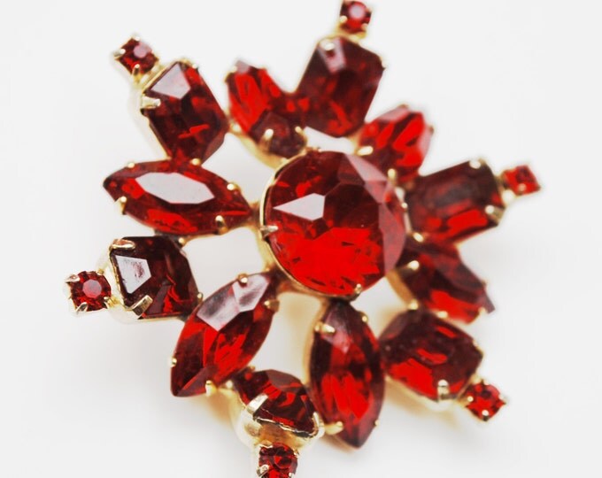 Ruby Red Rhinestone Brooch - Snowflake Atomic Pin - Mid Century