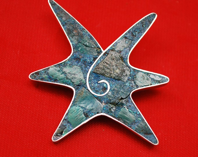 Sterling Turquoise star fish Brooch - Signed Beto Taxco - Blue Gemstone inlay - Mexico Pin