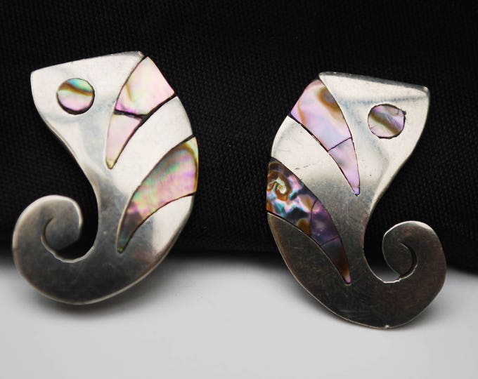 Sterling Abalone Earrings - Signed Sterling - AA Adan Alvarado - Assay number 2 - screw back earring