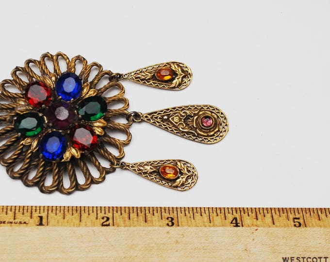 Colorful Rhinestone Brooch - red blue green Purple crystal - Dangle pin