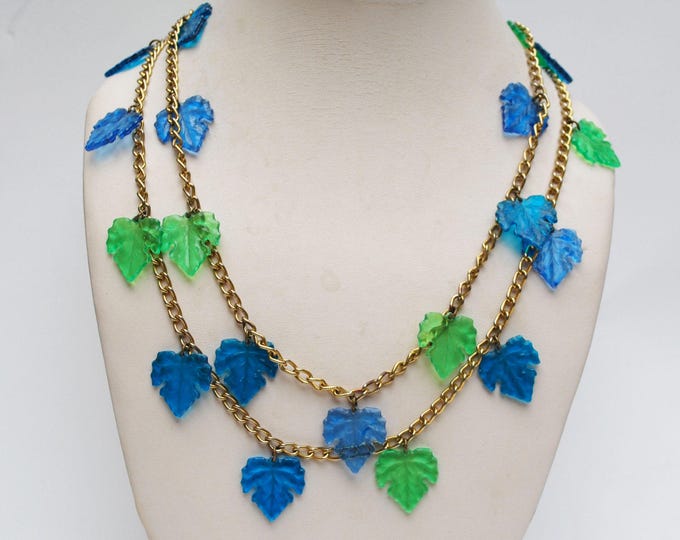 Blue Green Leaf Necklace - Lucite Plastic - grape leaf - gold tone chain - Turquoise