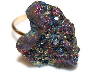 Peacock Druzy Ring Purple Druzy Ring Drusy Ring Druzy Jewelry Sparkly Ring Raw Ring Adjustable Ring Gold FIlled Ring Stone Ring Drussy Ring
