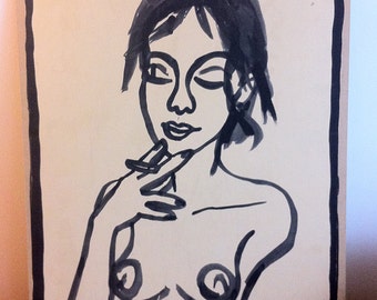 Dessin original, original artwork, smoking sexy girl fille nue sur carton/cardboard