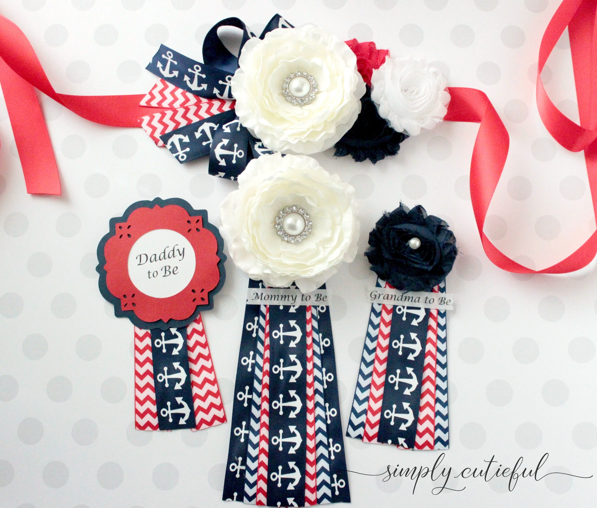 Nautical Maternity Baby Shower Sash Belt with Anchors in