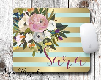 Watercolor Flowers - Mint & Gold - Personalized - Desk Accessory - Mouse Pad - Monogrammed - Paint Brush Flowers