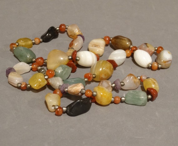 Vintage Long Multi Gemstone Bead Necklace Genuine Stones