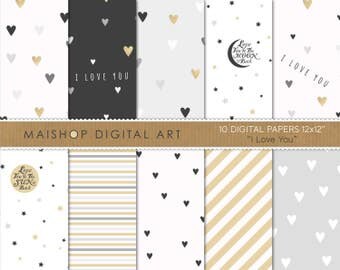 Valentine's Digital Paper 'I Love You' Elegant and Romantic Gray, White and Gold Printable Papers for Scrapbook, Card Making, Crafting...