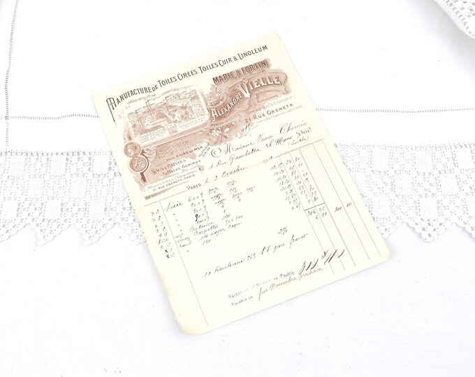 Antique French Paper Reciept from Linoleum Factory in Paris Dating 1912, Graphics, French Decor, Scrap booking, Collectible, Lino, Retro