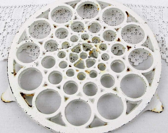 Large Round Antique French Cast Iron White Chippy Enamel Trivet, Hot Plate, Heat Mat, Cottage Kitchen, French Country, Kitchenware, Shabby