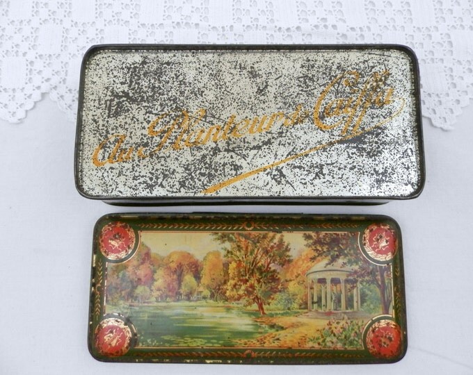 Antique French Rectangular Cookie Metal Tin with a Classical Watercolor Style illustration, Candy, Sweet Box, French Country Decor, Chateau