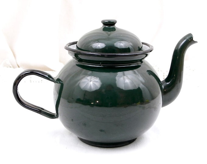Vintage Dark Green Enamelware Tea Pot in Excellent Condition, Usable Enamelware Retro Camping Kettle, Small Coffee Pot from France