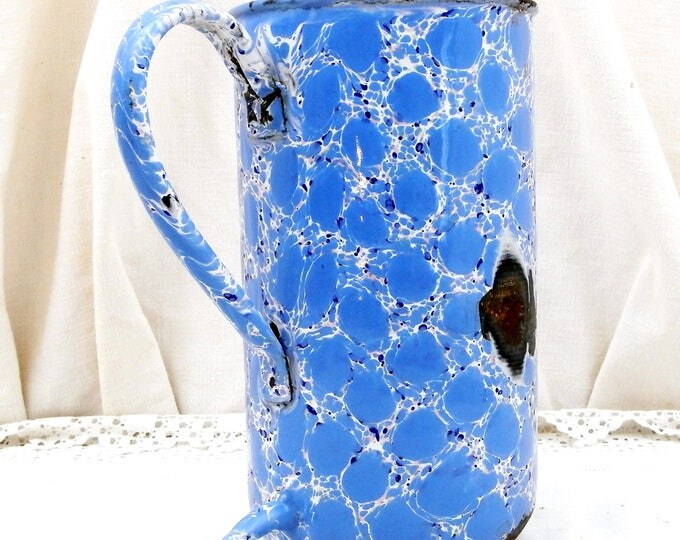 Antique Rare Enamel Blue Marbled Speckled White 2 Liter French Irrigator, Enamelware Washing Hanging Pot and Spout, French Country Decor Antique Rare Enamel Blue Marbled Speckled White 2 Liter French Irrigator, Enamelware Washing Hanging Pot and Spout, French Country Decor