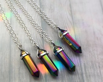 AURA CRYSTAL necklace rainbow quartz point Choker on silver 18" chain or tattoochoker black rainbow or silk cord
