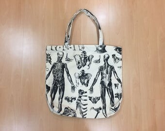 SALE!! Skeleton Bones Anatomy Illustration Canvas tote Bag Overprint Black white