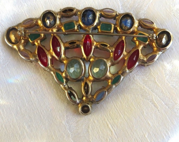 Rhinestone Fan Brooch, Large Fan Pin, Multicolor Rhinestones, Vintage Jewelry