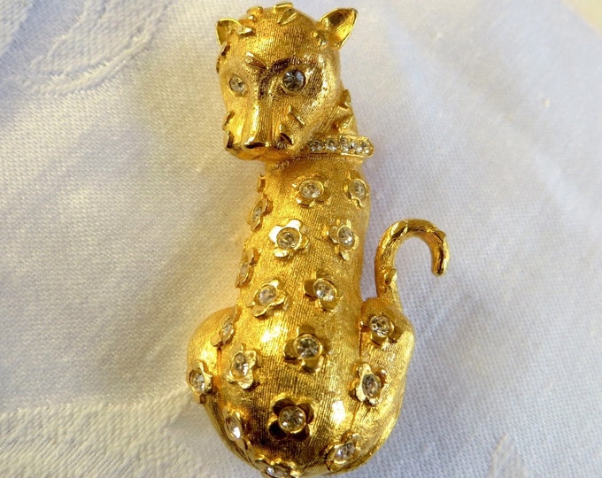 Rhinestone Leopard Brooch, Vintage Jungle Cat Jewelry, Leopard Jewelry