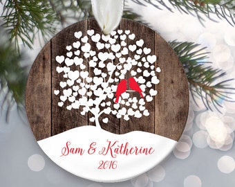 Love birds Christmas Ornament, Personalized Christmas Ornament Rustic faux/fake Wood Wedding Tree Ornament, Lovebirds, First Christmas OR010