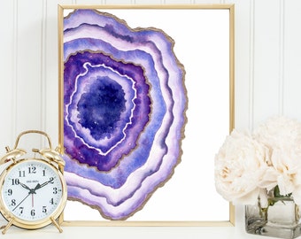 Geode Agate Slice Art, Geode Print, Gemstone Wall Decor Watercolor Agate Crystal Art Print Yoga Studio Decor Female bedroom Art Nursery Art