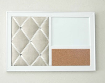 Linen French Memo Board, Magnetic Whiteboard & Corkboard Office Organizer in a White frame