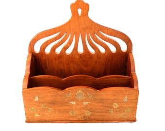 Vintage Wooden Letter Holder, Bill Holder, Mail Organizer, Card Holder, Wooden Memo Holder, Wood Deck Organizer, Carved Wooden Letter Rack,