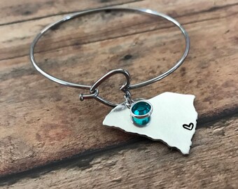 Custom Handstamped State Bracelet, Heart Bangle Bracelet, Home State Birthstone Jewelry, Heart over City, Gift for her, Long Distance Gift