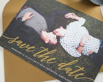 Gold Script Photo Save the Date Card, Gold Foil Save the Dates, Elegant Calligraphy Script Announcements in Foil Stamping | Scripted