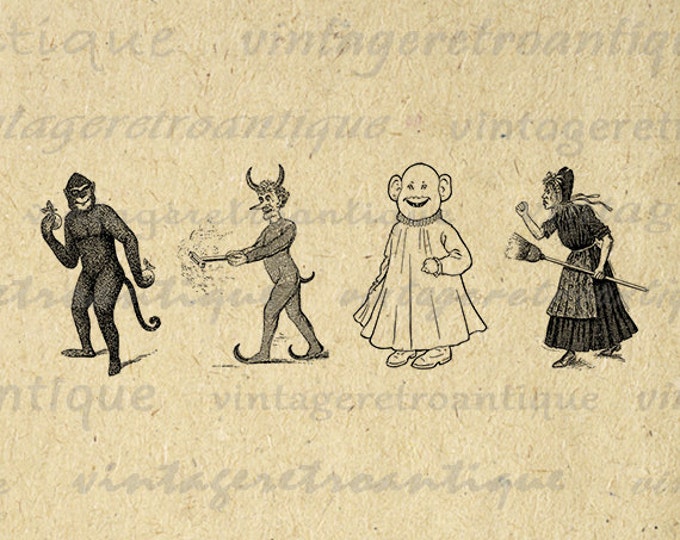 Monkey Witch Devil and Ghost Digital Image Download Printable Graphic Vintage Clip Art Jpg Png Eps HQ No.1850