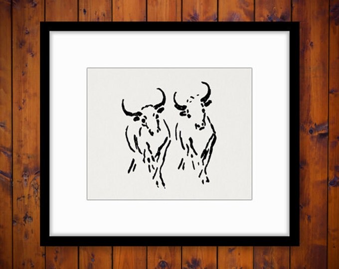 Printable Digital Oxen Image Illustration Download Ox Graphic Vintage Clip Art Jpg Png Eps HQ 300dpi No.1609