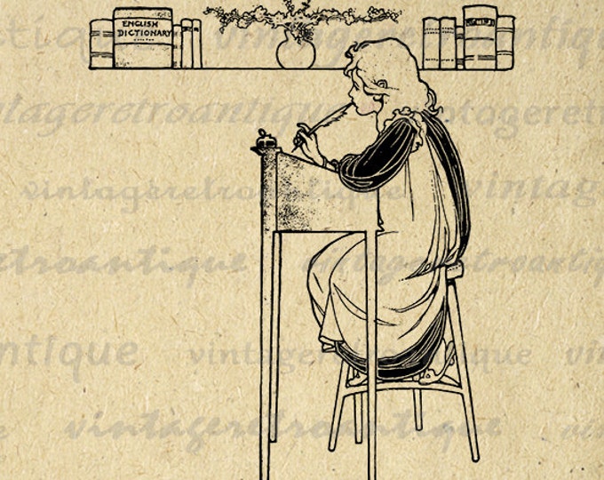 Girl Writing at Desk with Feather Quill Pen Graphic Image Printable Download Digital Artwork Antique Clip Art HQ 300dpi No.3441