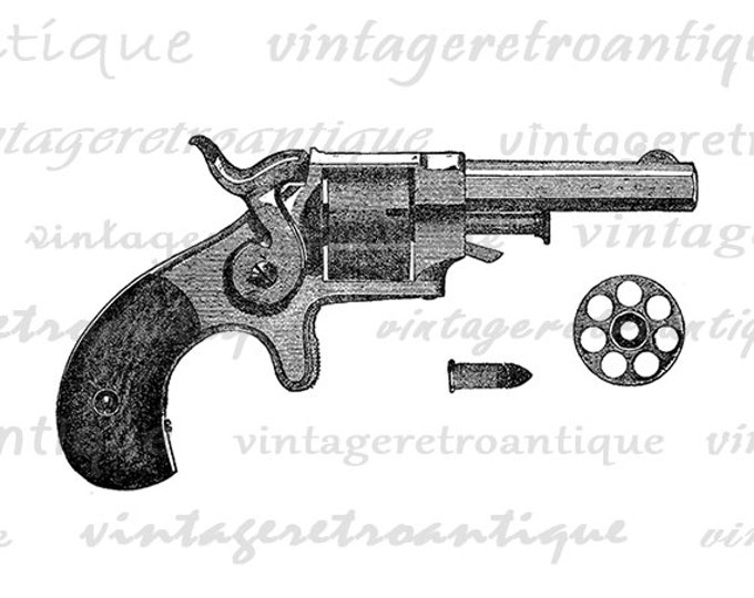 Antique Pistol Revolver Gun Image Printable Digital Download Graphic Vintage Clip Art Jpg Png Eps HQ 300dpi No.4081