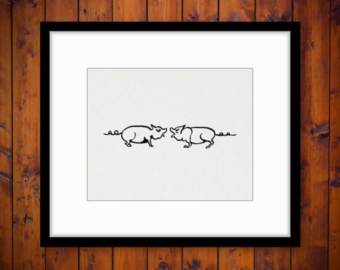 Printable Digital Two Pigs Image Graphic Animal Illustration Download Vintage Clip Art Jpg Png Eps HQ 300dpi No.2480