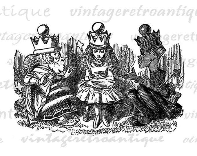 Alice with the Red and White Queens Printable Image Graphic Digital Download Vintage Clip Art Jpg Png Eps HQ 300dpi No.1124