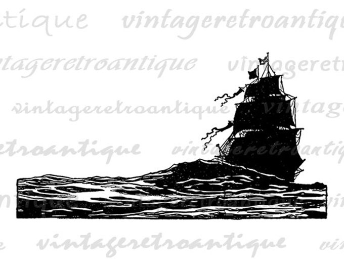 Printable Graphic Ship Sailing the Sea Download Ocean Boat Digital Image Vintage Clip Art Jpg Png Eps HQ 300dpi No.3814